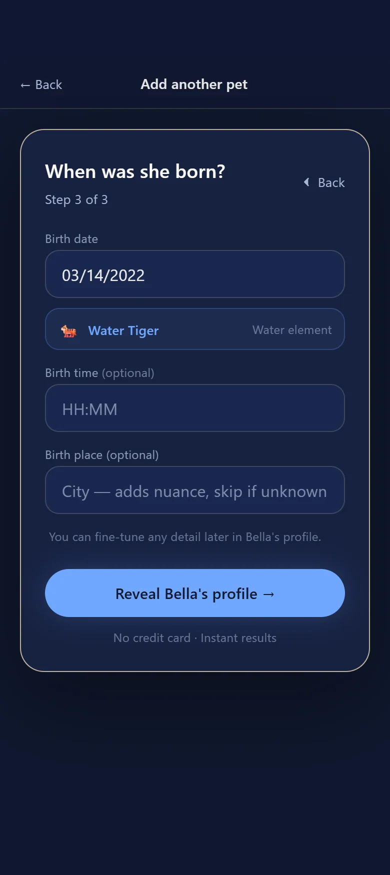 Add a pet — the birth date instantly reveals Water Tiger